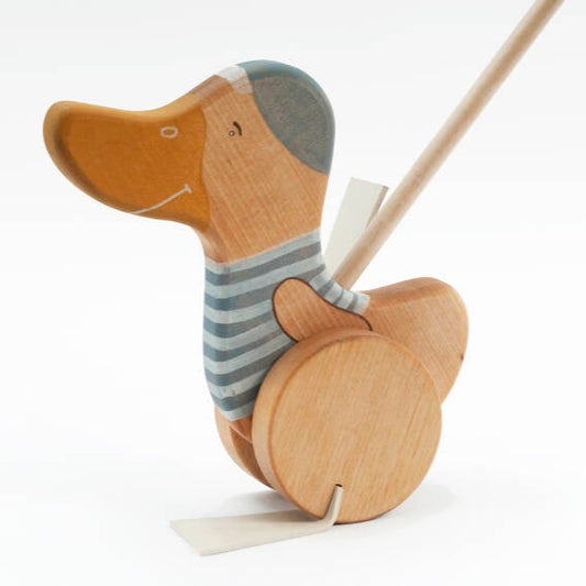 Friendly Toys | Houten Eend met Duwstok | Blauw