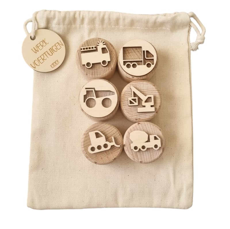 Kiddi | Houten Stempelset | Werkvoertuigen