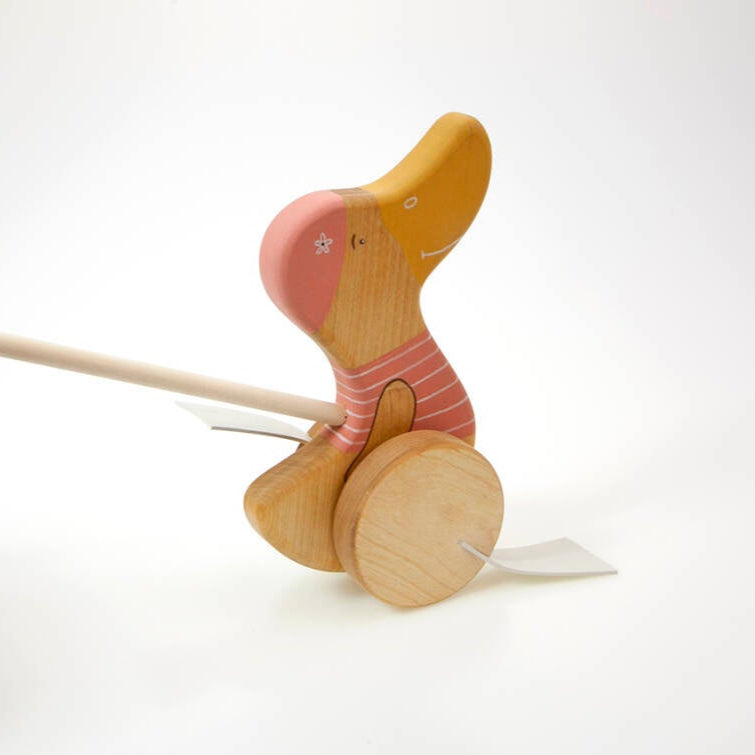 Friendly Toys | Houten Eend met Duwstok | Roze